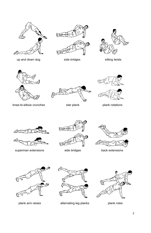 suporman extensions  plank arm raises.  sido bridges.  altemating leg planks  back extensions,  plank roles 